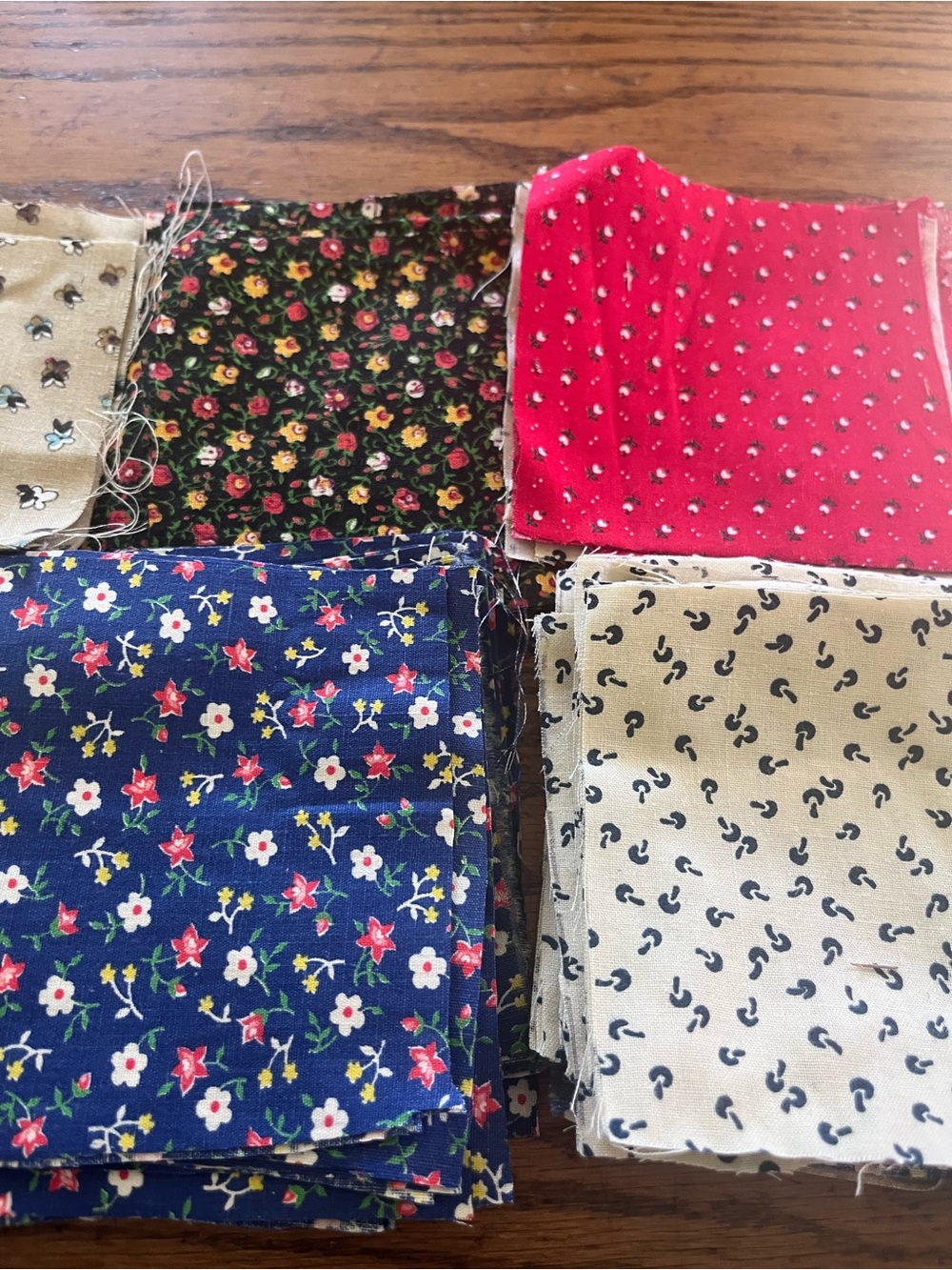 Vintage fabric quilt patches Cotton Bottoms - Red, Blue, Cream, Black